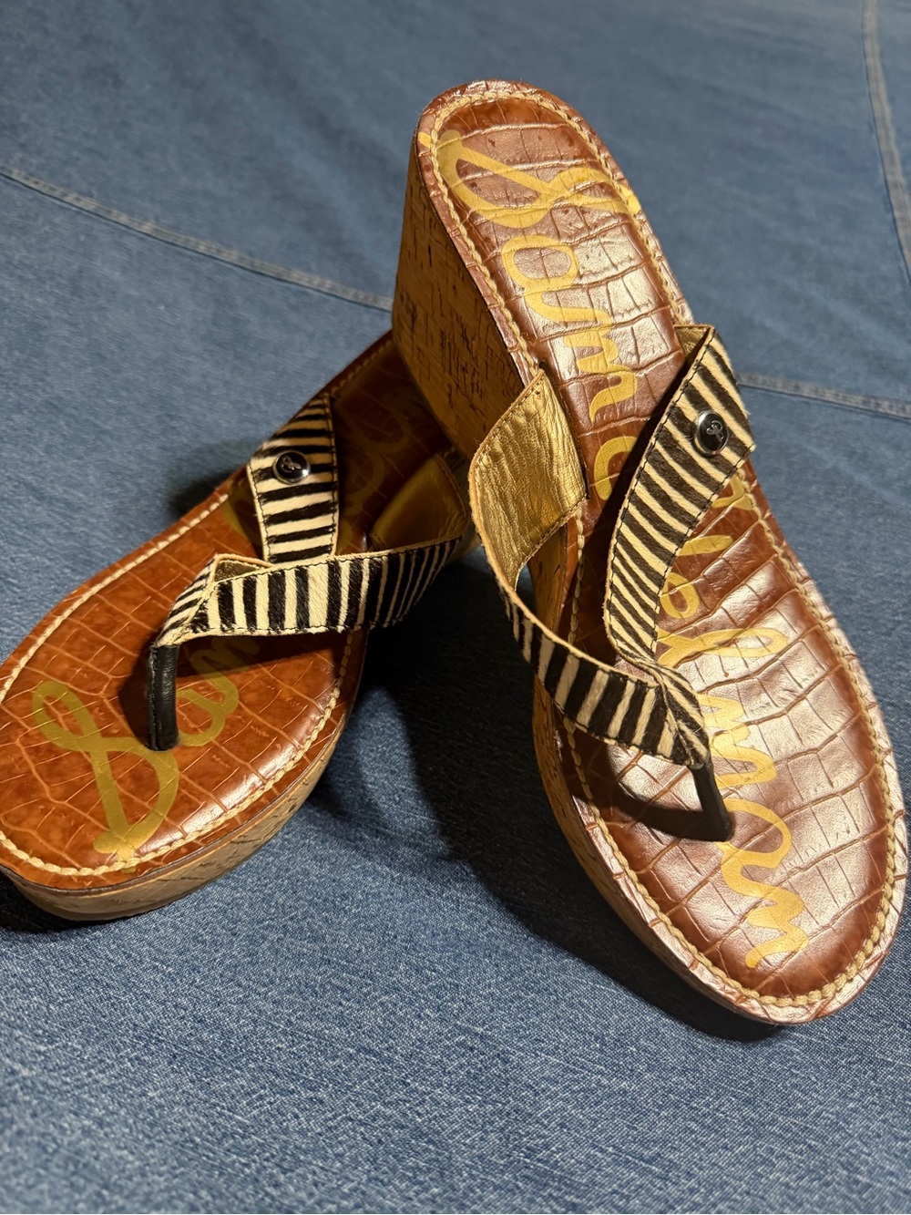 Sam Edelman Brown Leather Wedge Sandals with Black-and-White Striped Straps